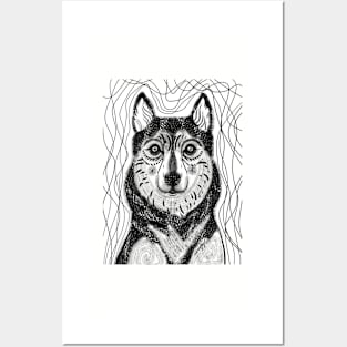 Husky Puppy on grey /ink drawing design Posters and Art